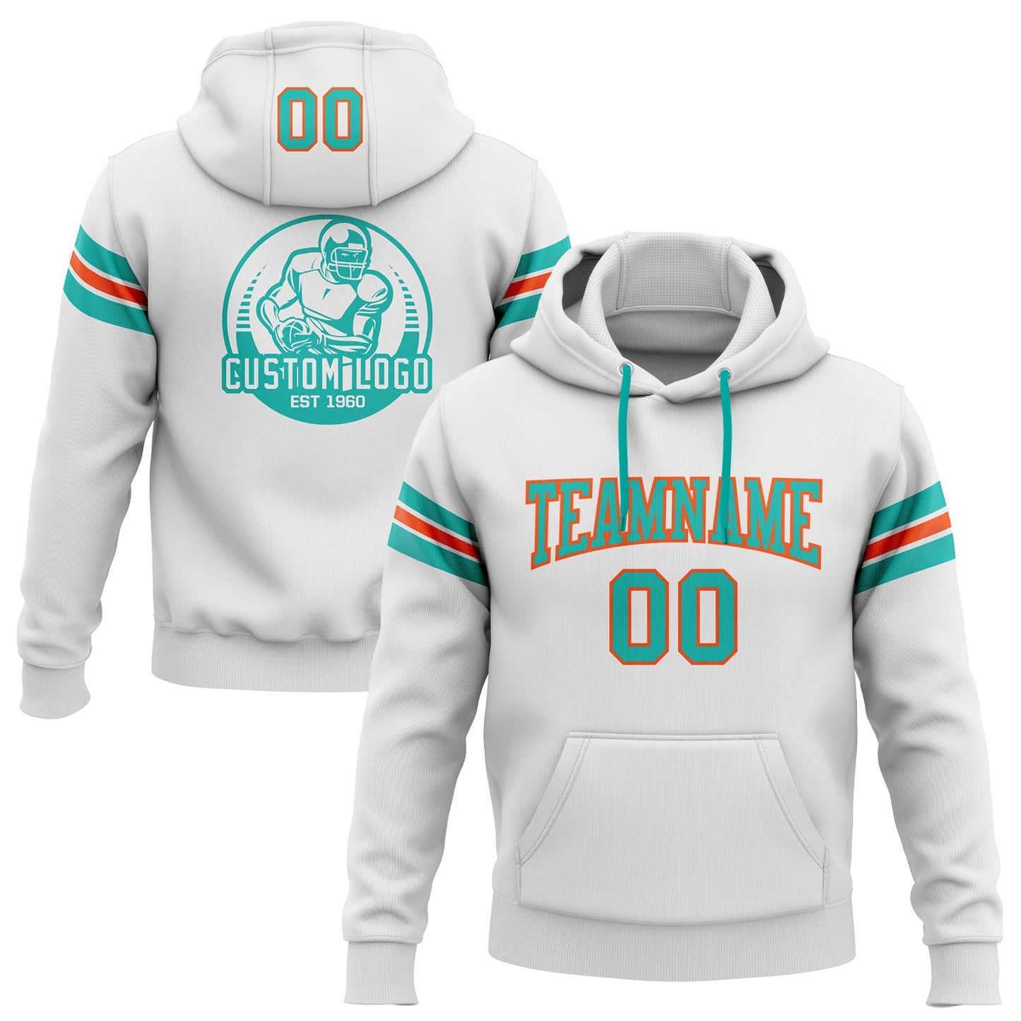 Custom Stitched White Aqua-Orange Football Pullover Sweatshirt Hoodie