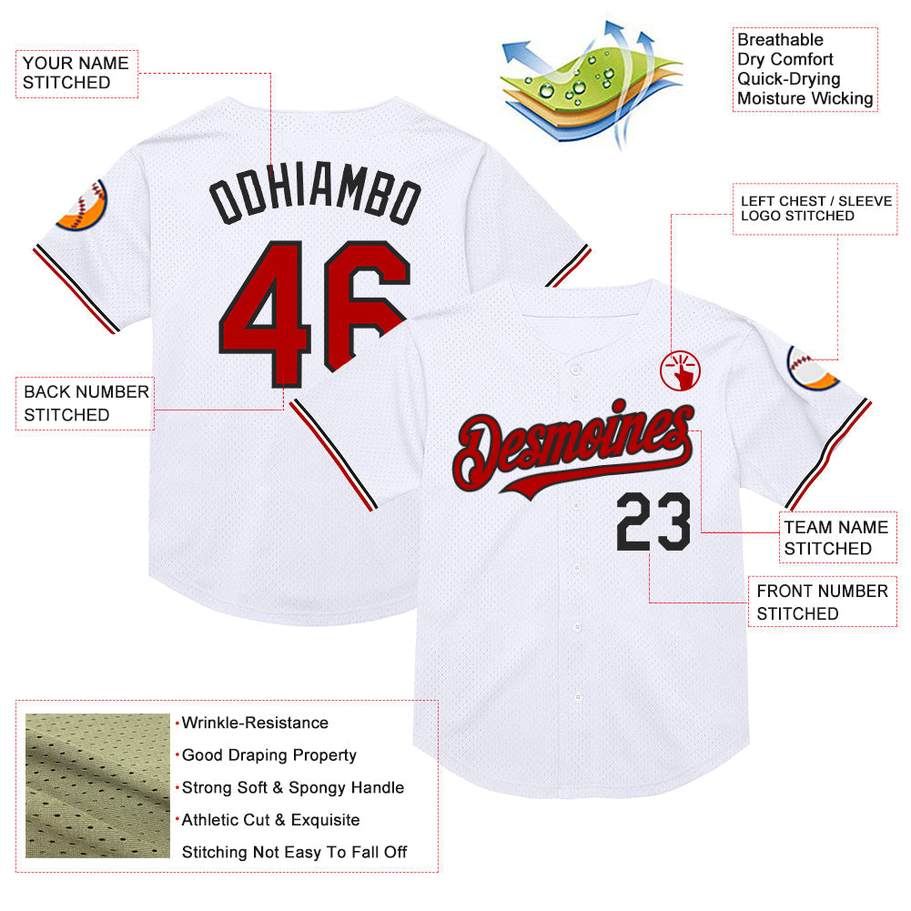 Custom White Red-Black Mesh Authentic Throwback Baseball Jersey