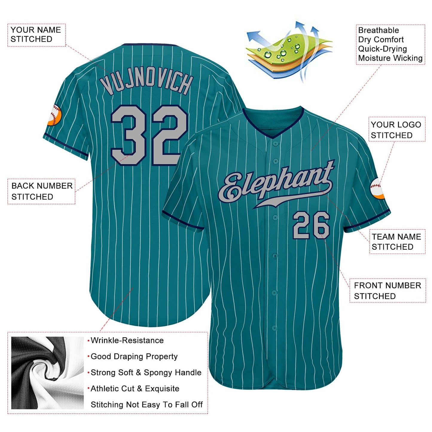 Custom Teal White Pinstripe Gray-Navy Authentic Baseball Jersey