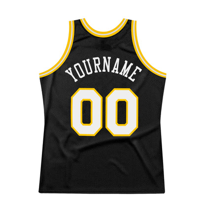 Custom Black White-Gold Authentic Throwback Basketball Jersey