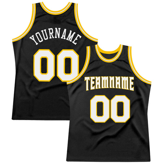 Custom Black White-Gold Authentic Throwback Basketball Jersey