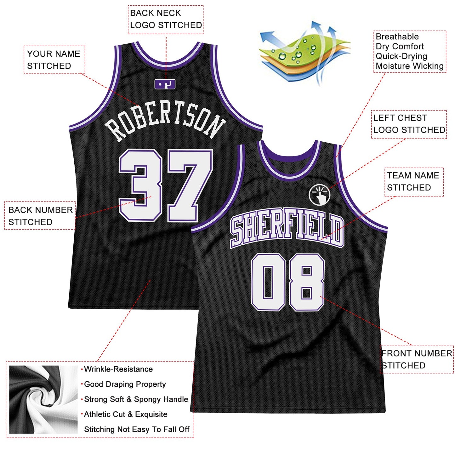 Custom Black White-Purple Authentic Throwback Basketball Jersey