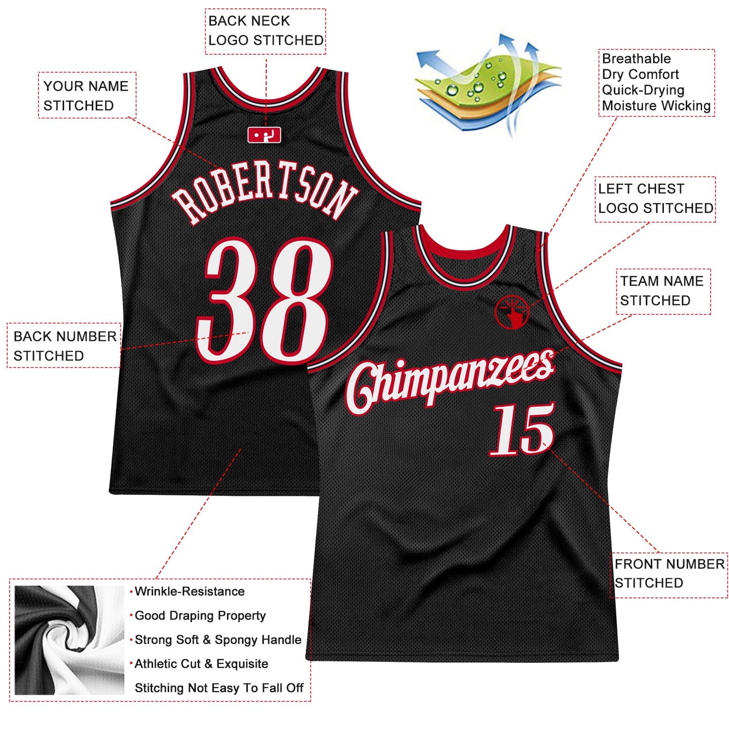 Custom Black White-Red Authentic Throwback Basketball Jersey