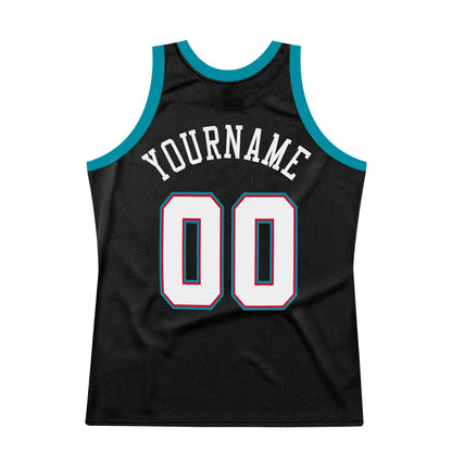 Custom Black White-Teal Authentic Throwback Basketball Jersey