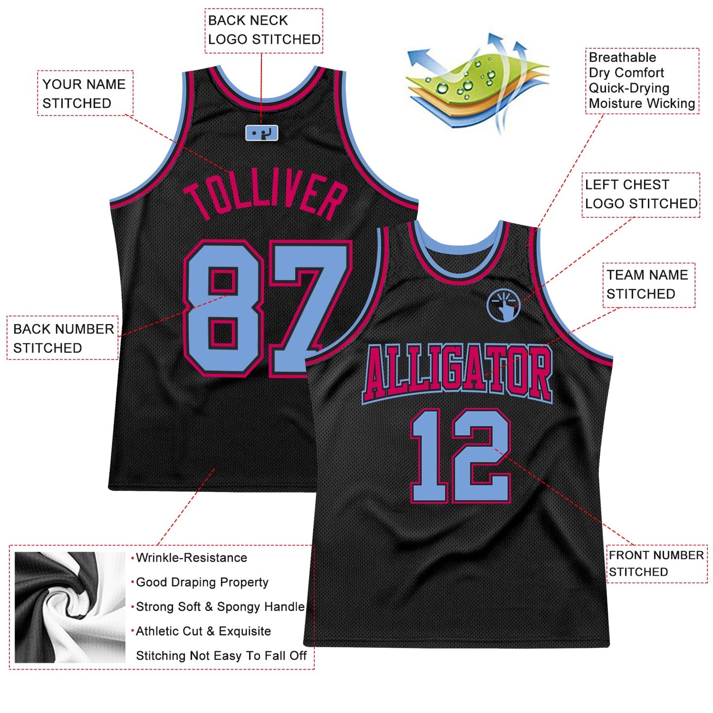 Custom Black Light Blue-Pink Authentic Throwback Basketball Jersey