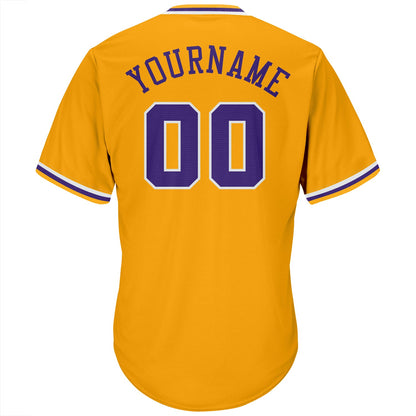 Custom Gold Purple-White Authentic Throwback Rib-Knit Baseball Jersey Shirt