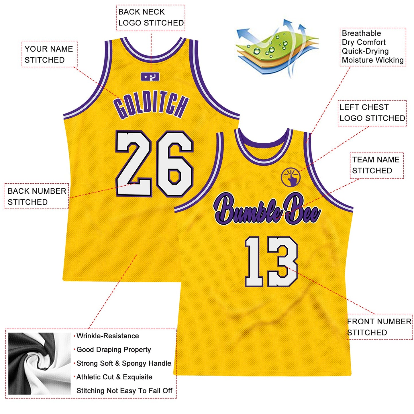 Custom Gold White-Purple Authentic Throwback Basketball Jersey