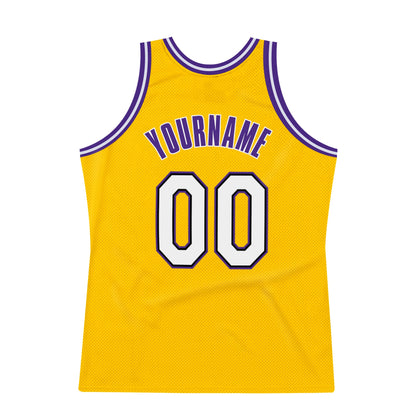 Custom Gold White-Purple Authentic Throwback Basketball Jersey