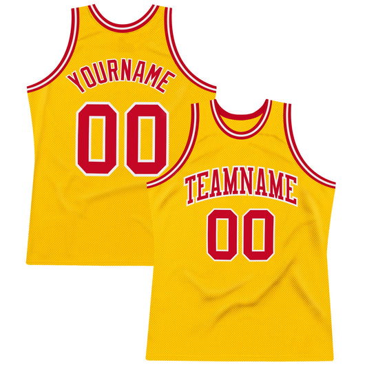 Custom Gold Red-White Authentic Throwback Basketball Jersey