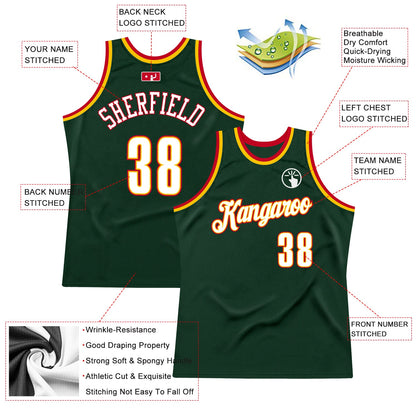 Custom Hunter Green White-Red Authentic Throwback Basketball Jersey