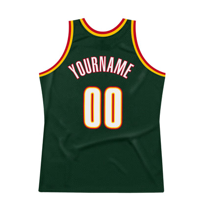 Custom Hunter Green White-Red Authentic Throwback Basketball Jersey