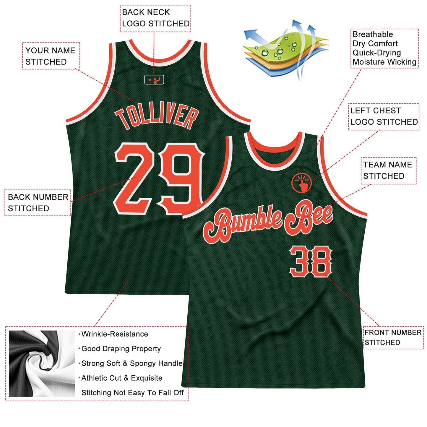 Custom Hunter Green Orange-White Authentic Throwback Basketball Jersey