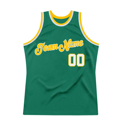 Custom Kelly Green White-Gold Authentic Throwback Basketball Jersey