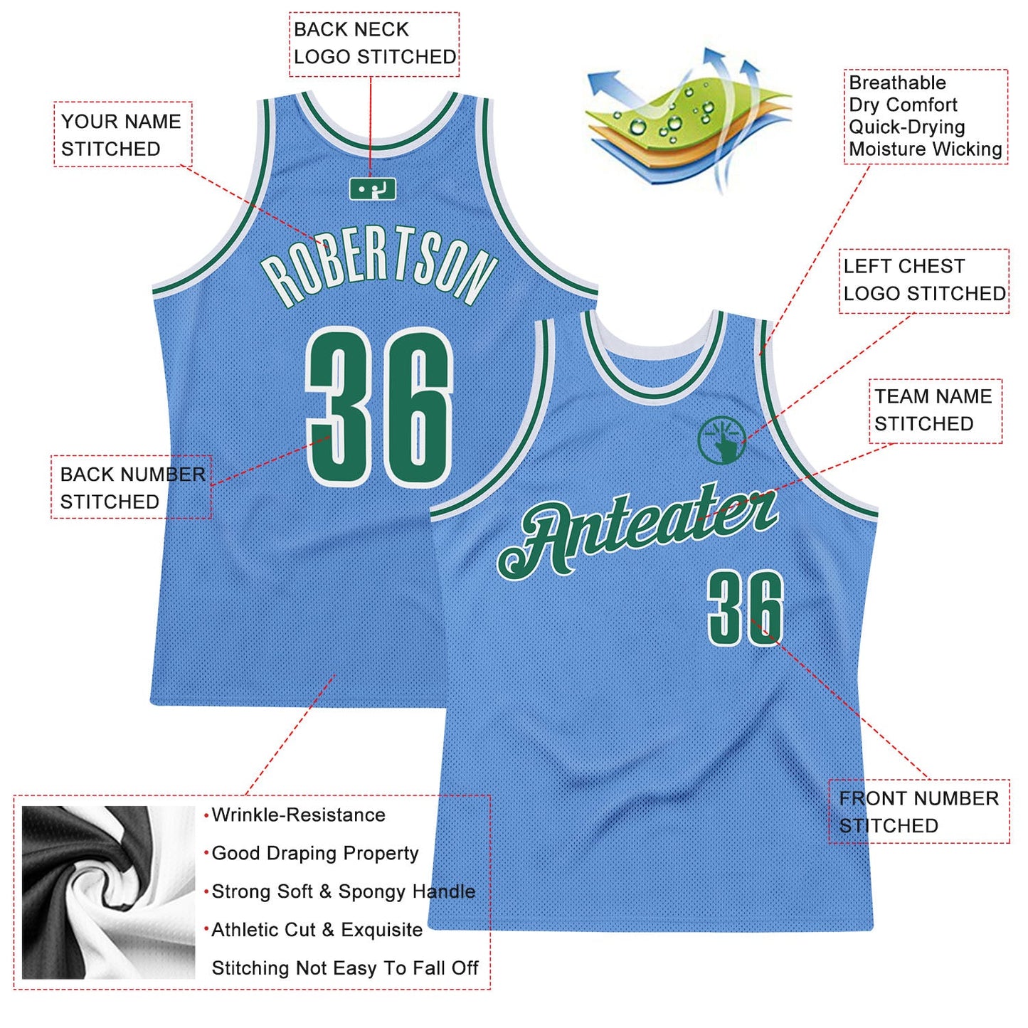 Custom Light Blue Kelly Green-White Authentic Throwback Basketball Jersey