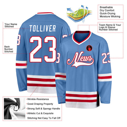 Custom Light Blue White-Red Hockey Jersey