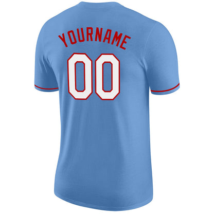 Custom Light Blue White-Red Performance T-Shirt