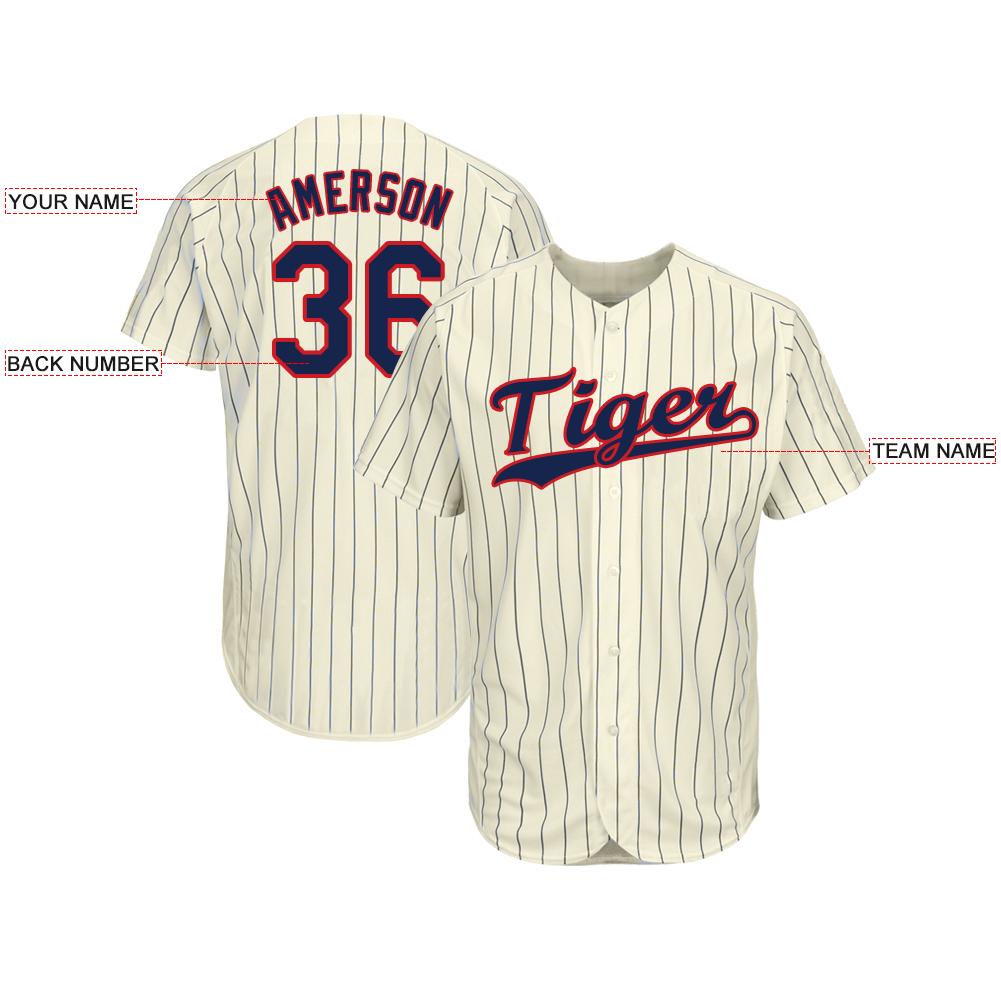 Custom Cream Navy Pinstripe Navy-Red Softball Jersey