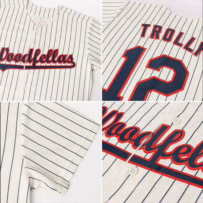 Custom Cream Navy Pinstripe Navy-Red Softball Jersey