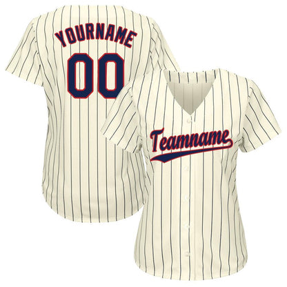 Custom Cream Navy Pinstripe Navy-Red Softball Jersey