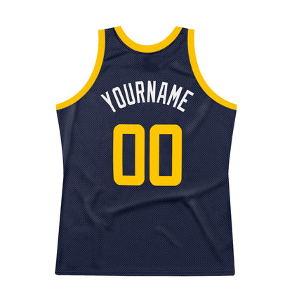 Custom Navy Gold-White Authentic Throwback Basketball Jersey