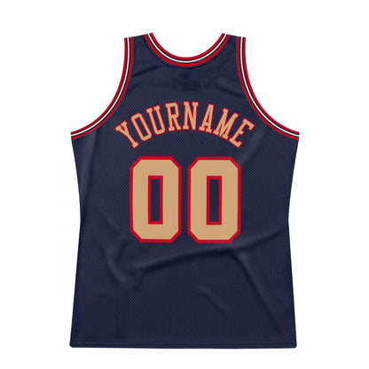 Custom Navy Old Gold-Red Authentic Throwback Basketball Jersey