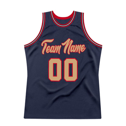 Custom Navy Old Gold-Red Authentic Throwback Basketball Jersey