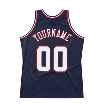 Custom Navy White-Red Authentic Throwback Basketball Jersey