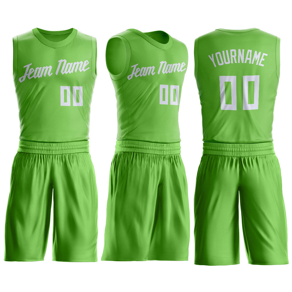 Custom Neon Green White Round Neck Suit Basketball Jersey