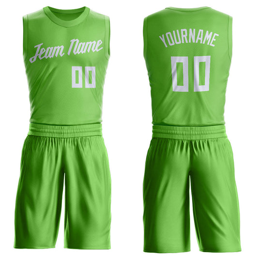 Custom Neon Green White Round Neck Suit Basketball Jersey