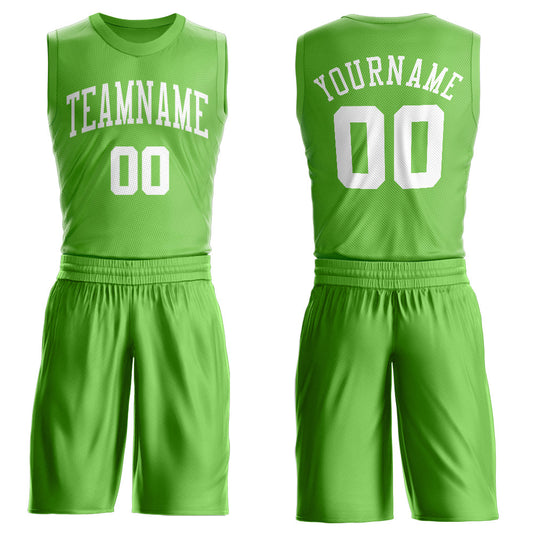 Custom Neon Green White Round Neck Suit Basketball Jersey