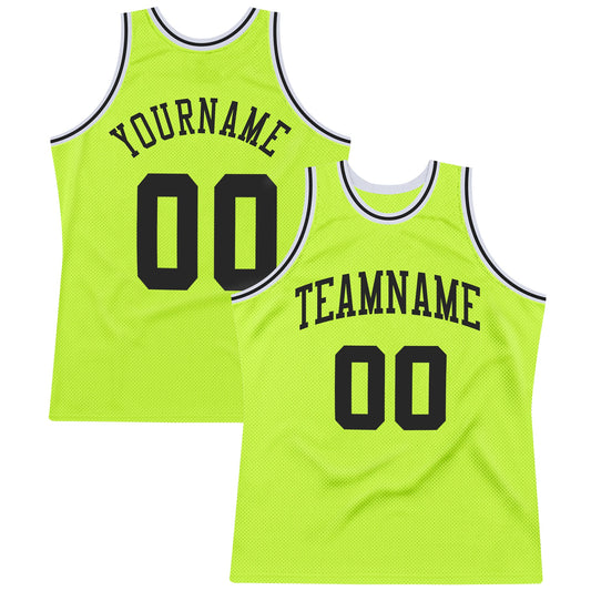 Custom Neon Green Black-White Authentic Throwback Basketball Jersey