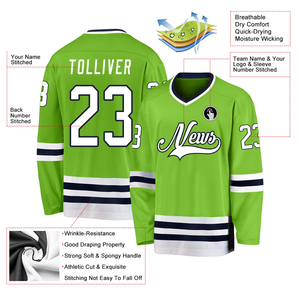 Custom Neon Green White-Navy Hockey Jersey