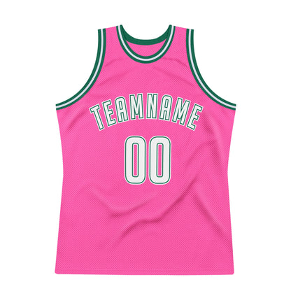 Custom Pink White-Kelly Green Authentic Throwback Basketball Jersey