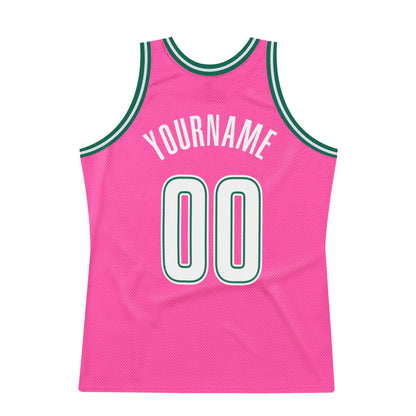 Custom Pink White-Kelly Green Authentic Throwback Basketball Jersey