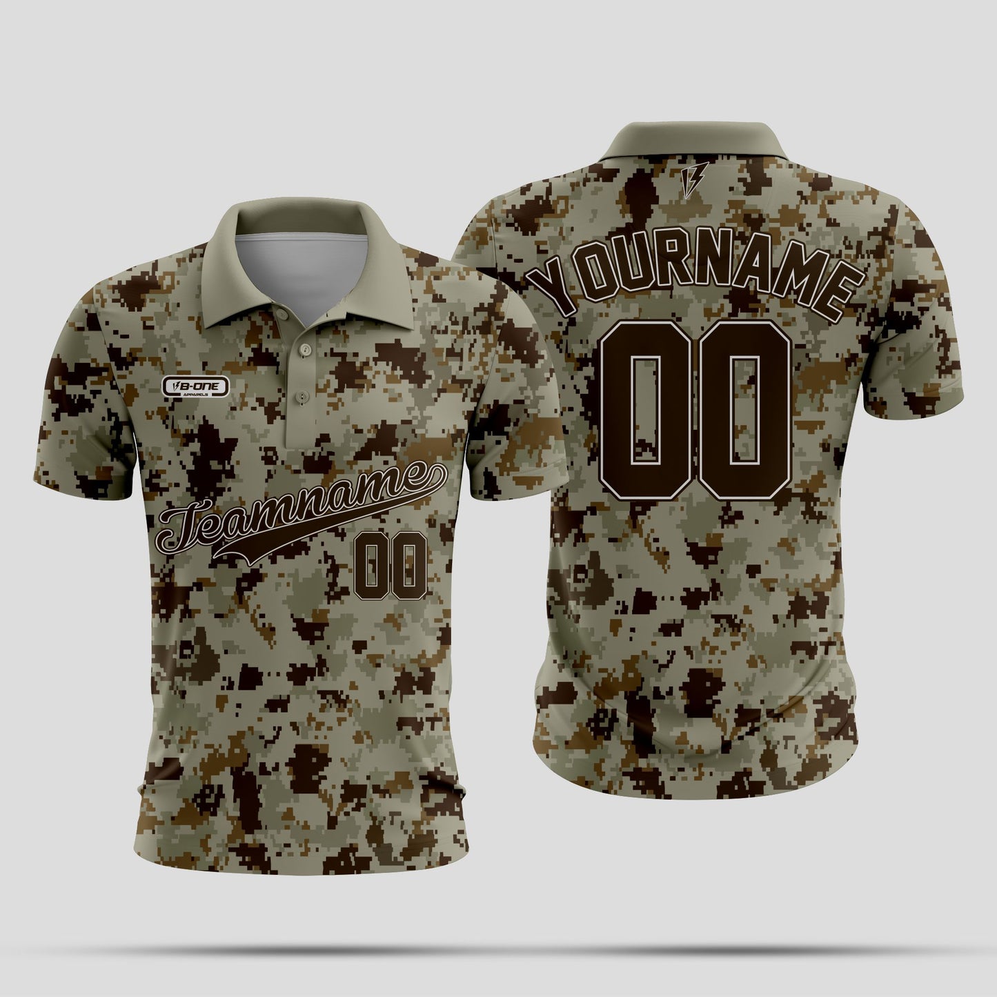Camouflage polo shirt with customizable text on a white background