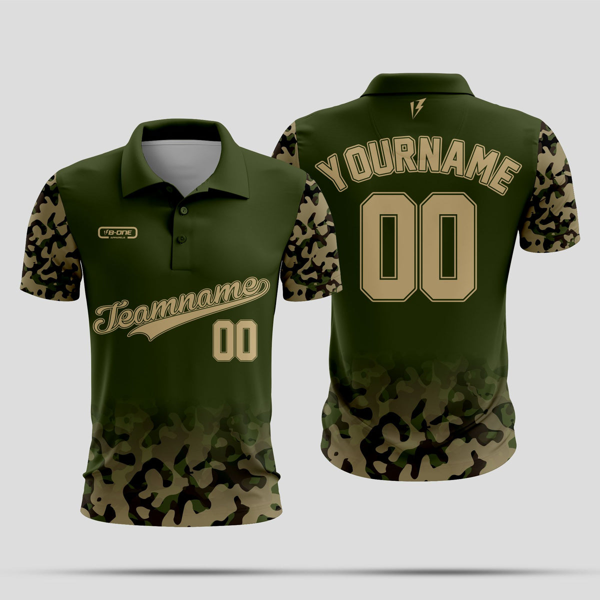 Green camouflage sports jersey with customizable text on a gray background