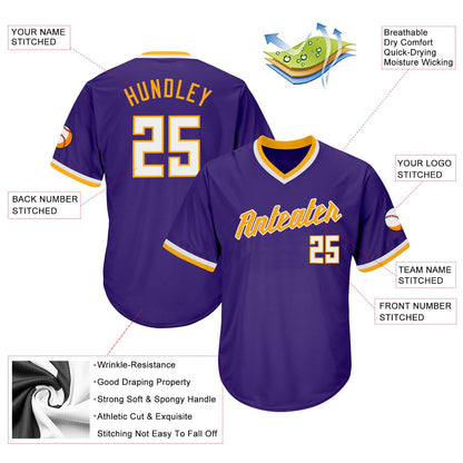 Custom Purple White-Gold Authentic Throwback Rib-Knit Baseball Jersey Shirt