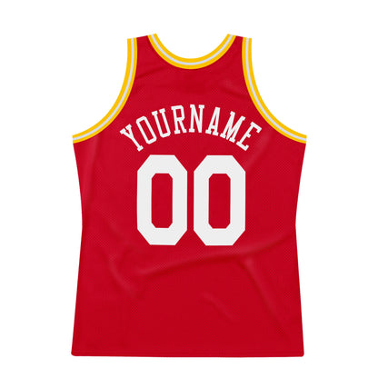 Custom Red White-Gold Authentic Throwback Basketball Jersey