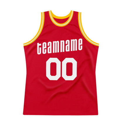 Custom Red White-Gold Authentic Throwback Basketball Jersey