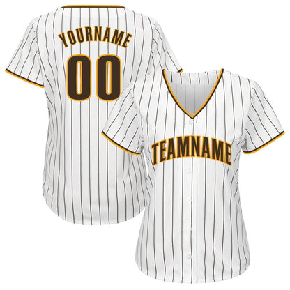 Custom White Brown Pinstripe Brown-Gold Softball Jersey