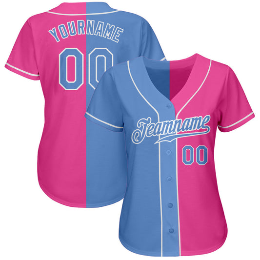 Custom Pink Light Blue-White Authentic Split Fashion Softball Jersey