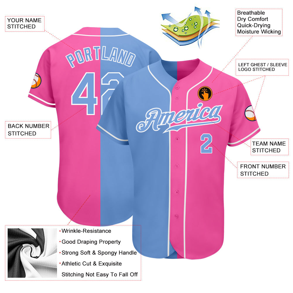 Custom Pink Light Blue-White Authentic Split Fashion Softball Jersey