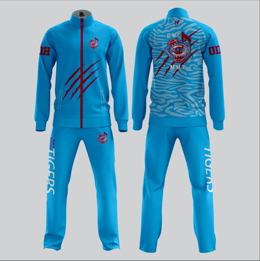 Blue tracksuit with red and white designs on a gray background