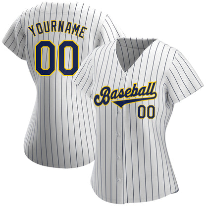 Custom White Navy Pinstripe Navy-Gold Authentic Baseball Jersey