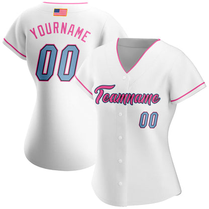 Custom White Light Blue-Pink Authentic American Flag Fashion Softball Jersey