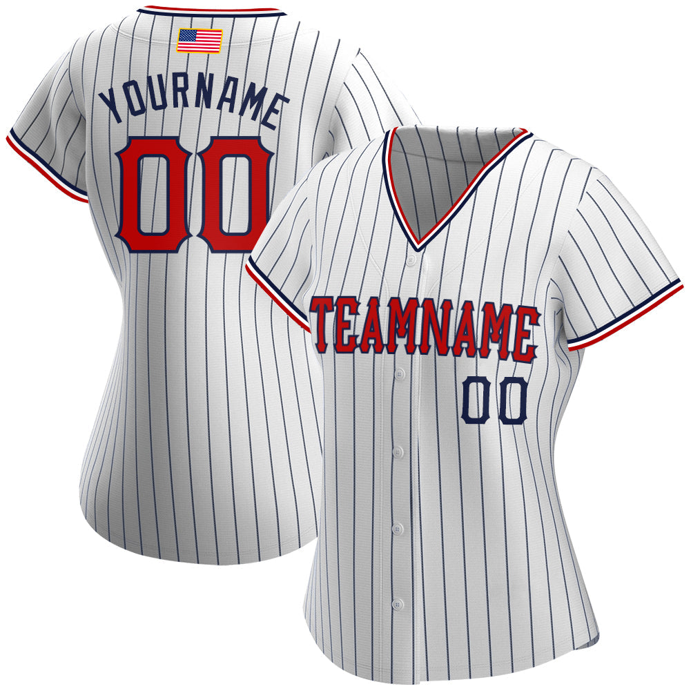 Custom White Navy Pinstripe Red-Navy Authentic American Flag Fashion Softball Jersey