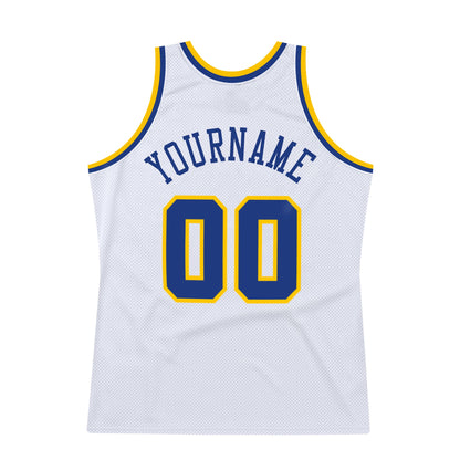 Custom White Royal-Gold Authentic Throwback Basketball Jersey