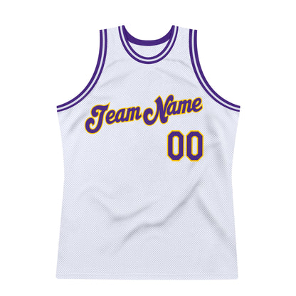 Custom White Purple-Gold Authentic Throwback Basketball Jersey