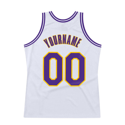 Custom White Purple-Gold Authentic Throwback Basketball Jersey