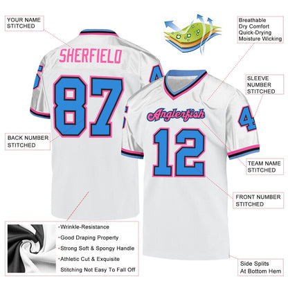 Custom White Powder Blue-Pink Mesh Authentic Throwback Football Jersey